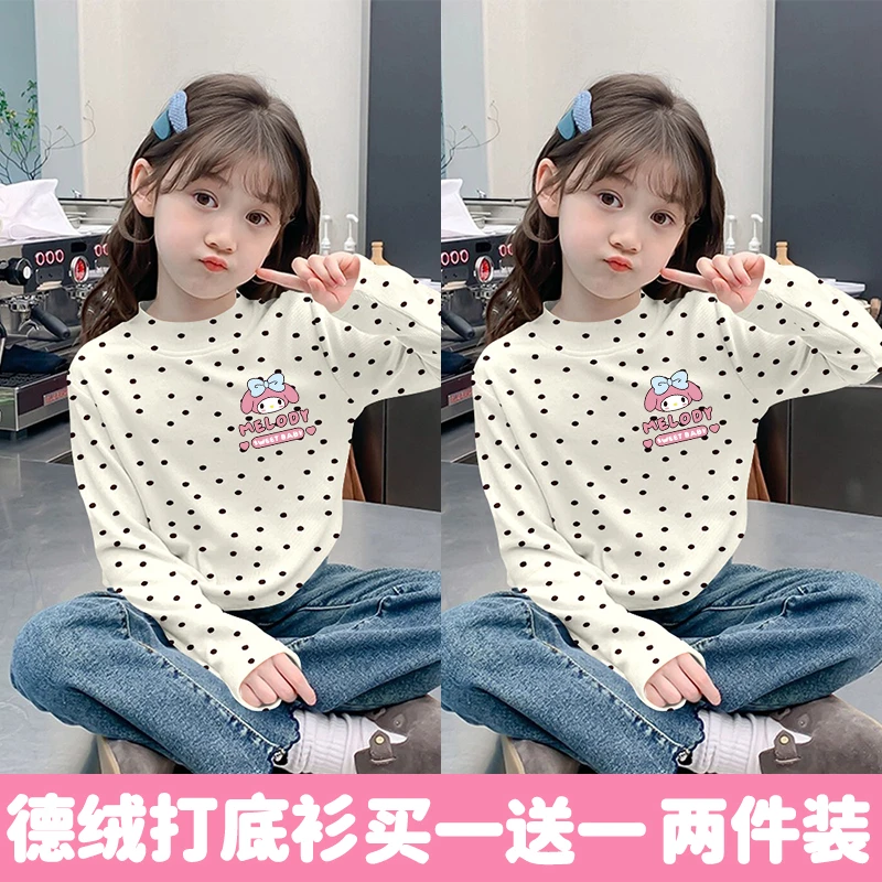 秋冬女童德绒童装儿童中大童上衣洋气波点长袖T恤半高领内搭上衣