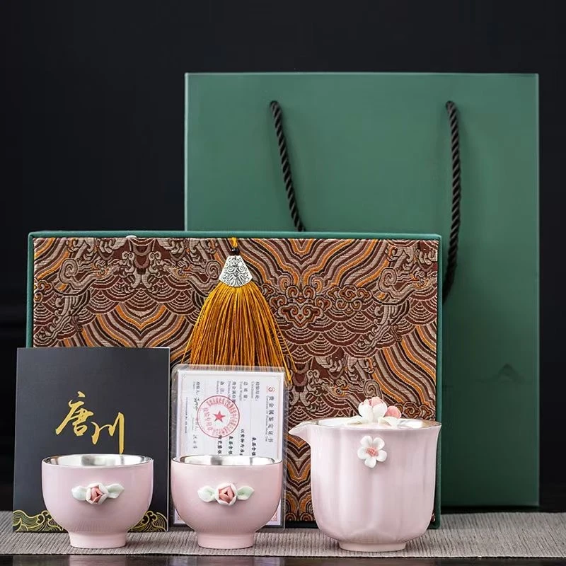 当代 Z998 鎏银带盖手工高档陶瓷珐琅彩礼盒装描金对杯轻奢旅游