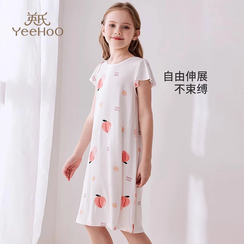 英氏女童睡衣新款夏季睡裙短袖薄款大童女孩公主风a类抑菌连衣裙