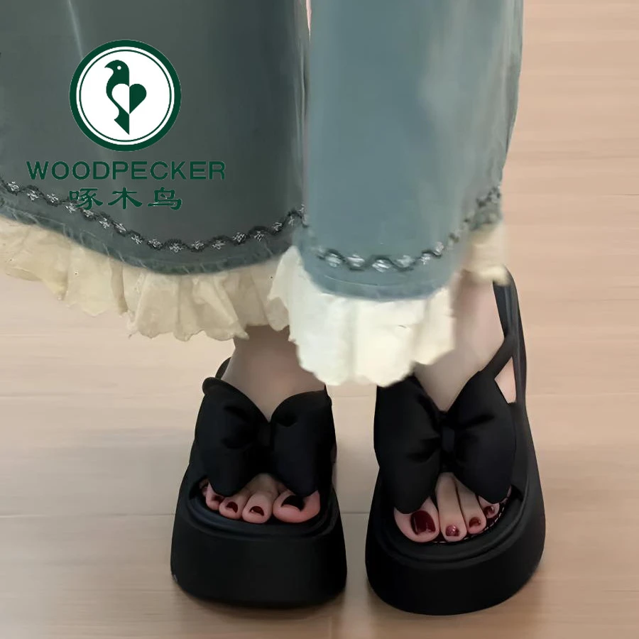啄木鸟温柔仙女风蝴蝶结厚底增高女外穿夏季新款百搭一字凉拖鞋女