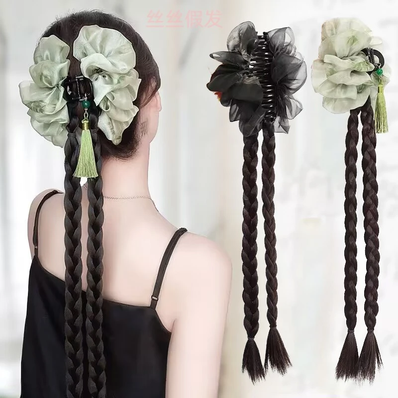 【浮翠山青】新中式假发辫子水墨抓夹双辫子马尾假发鲨鱼夹麻花辫女