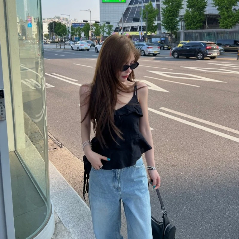 设计感法式黑色荷叶边吊带背心女2025夏季新款辣妹外穿无袖上衣服