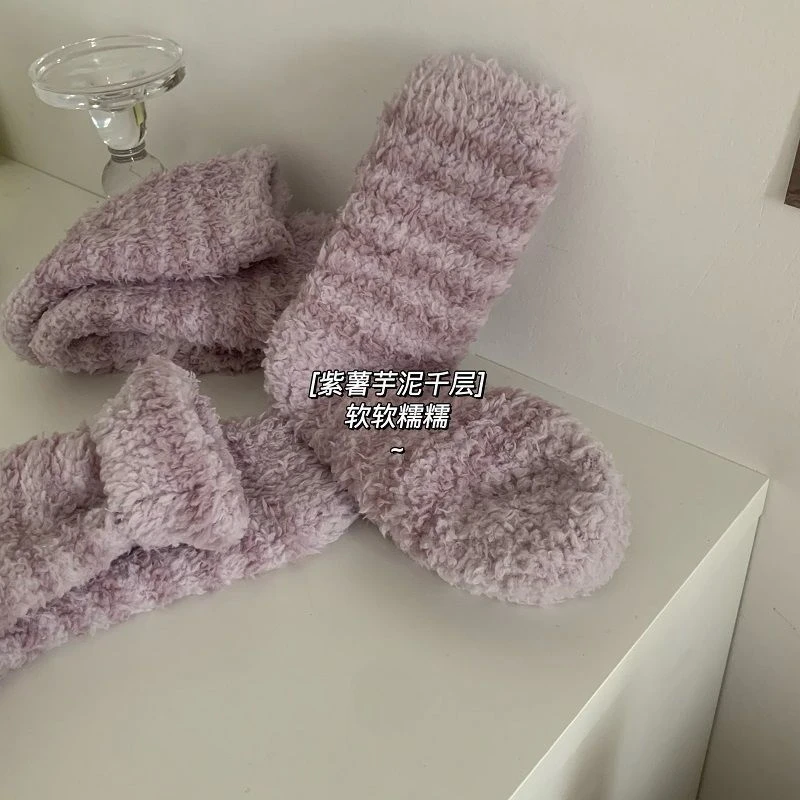 糖果色条纹毛绒中筒袜子女秋冬加厚保暖居家袜珊瑚绒地板睡觉袜Q