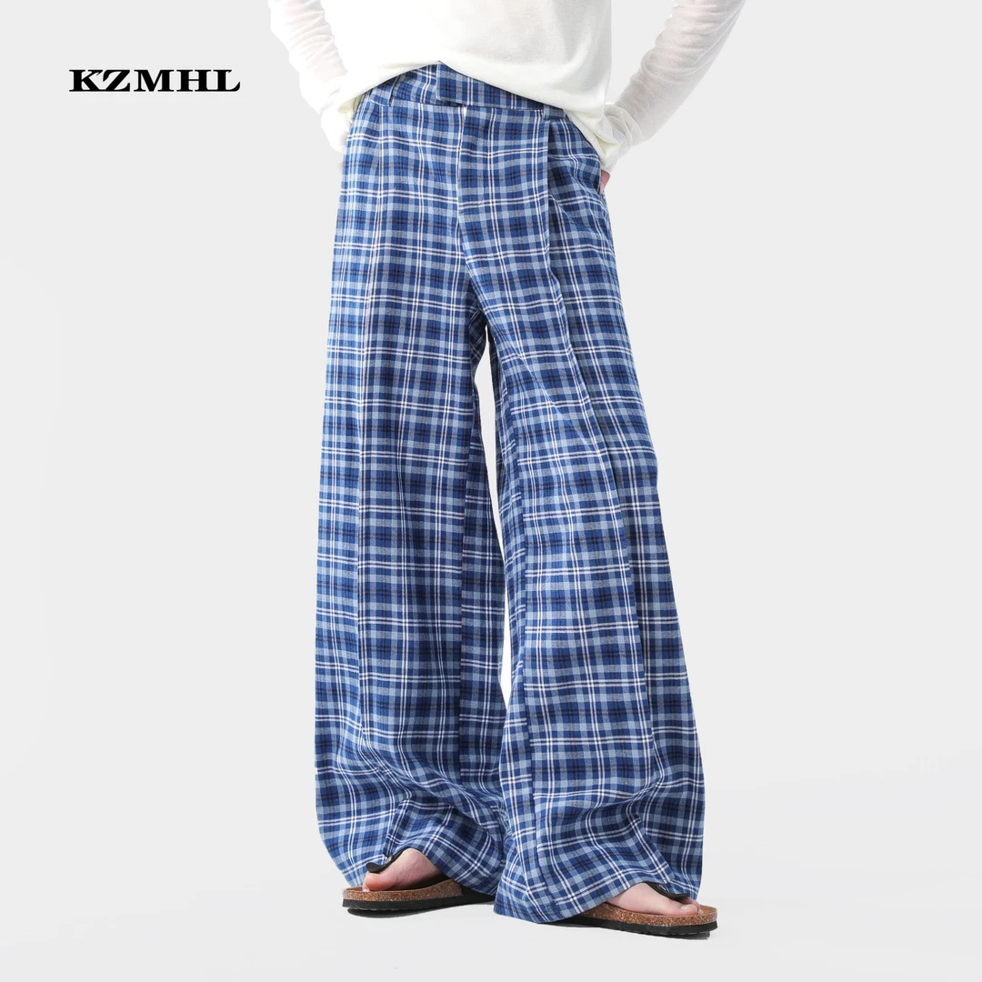 KZMHL 美式复古蓝格子阔腿休闲裤百搭新款宽松直筒垂感拖地长裤子