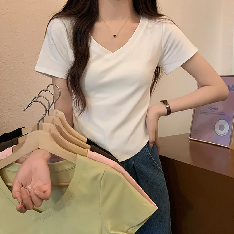 2025年新款白色V领正肩短袖t恤女夏内搭夏季纯色百搭打底衫上衣
