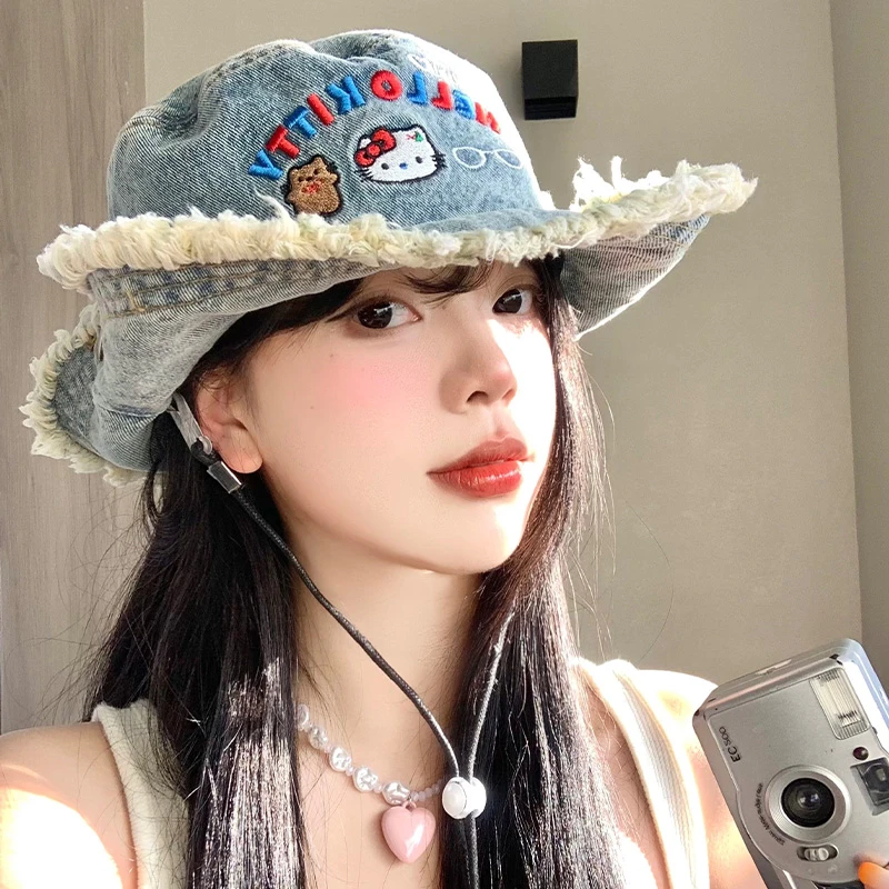 kitty猫水洗牛仔毛边渔夫帽女夏大帽檐遮阳防晒登山帽显脸小帽子