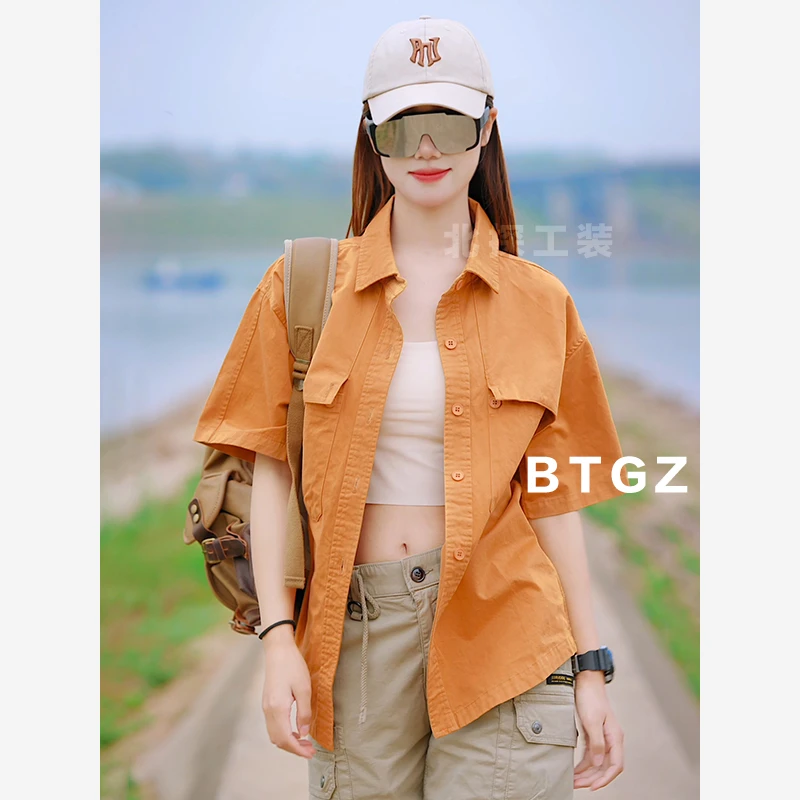 BEITAN/纯棉衬衣男女2025夏季宽松日系复古休闲美式短袖工装夹克