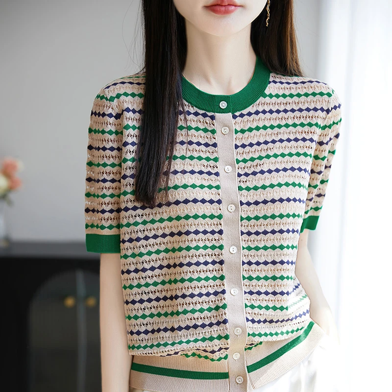 哥弟阿玛施正品冰丝凉感条纹短袖上衣女短款开衫时尚夏季针织衫