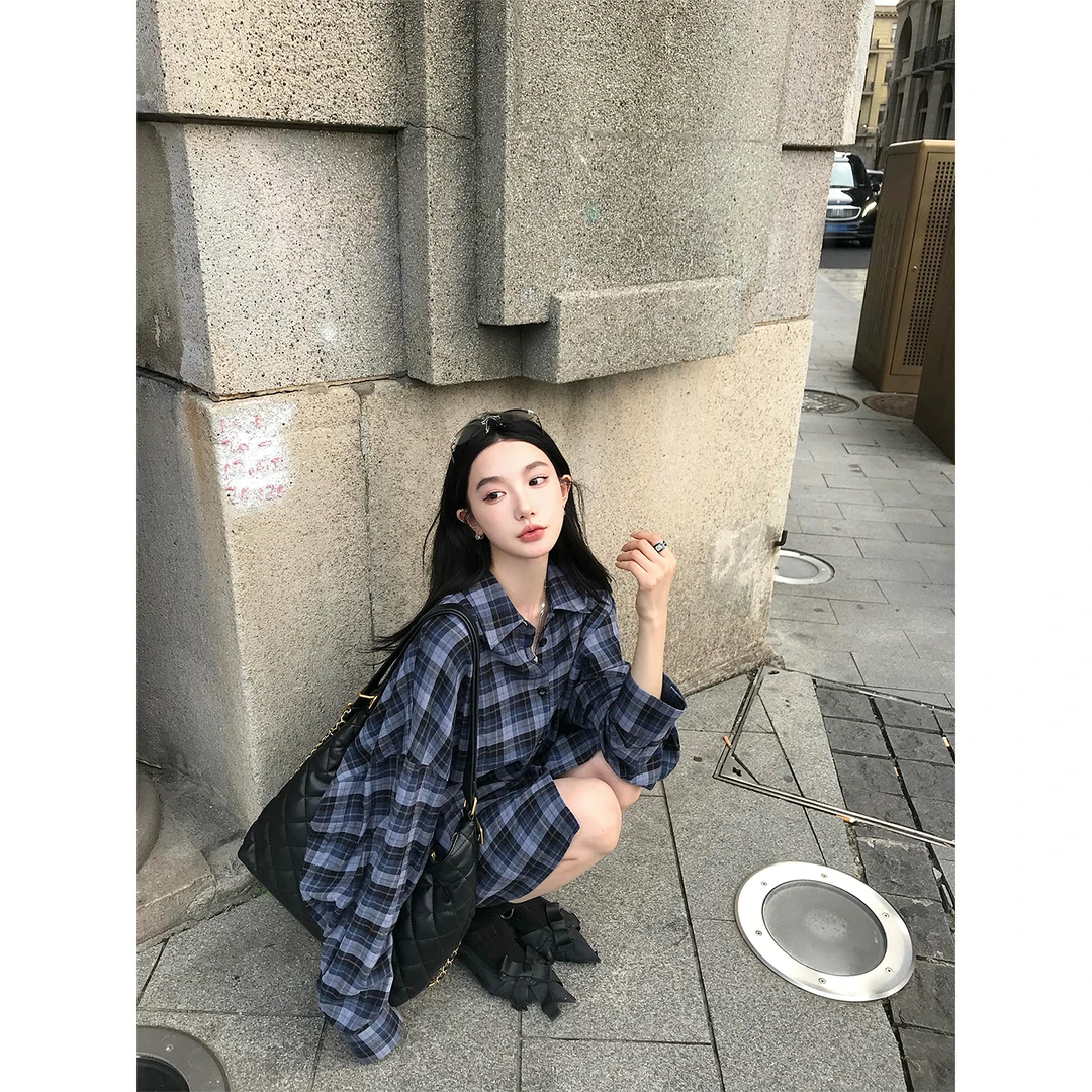 区区欧阳 格子系带衬衫连衣裙女夏季新款宽松复古设计感小众裙子