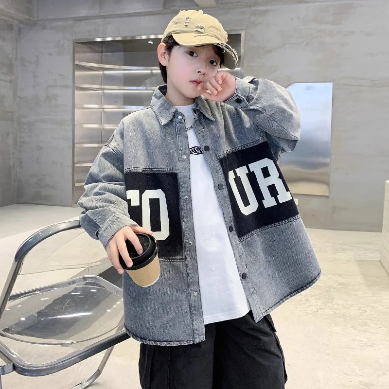 男童洋气牛仔外套春秋款2025新款儿童秋装衬衣中大童夹克宽松炸街