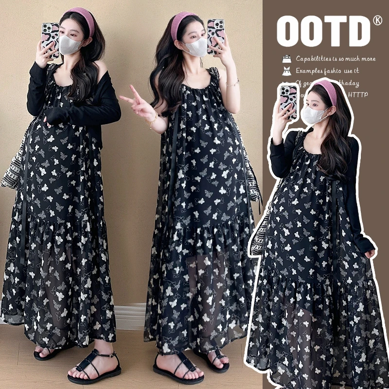 时尚孕妇早秋套装法式显瘦蝴蝶印花吊带连衣裙+大码开衫套装长裙