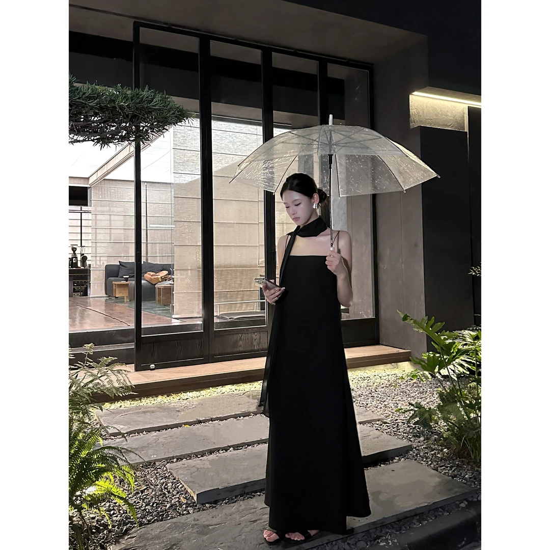 5werkwen 极简静奢 一字领A摆吊带飘带连衣裙36-37