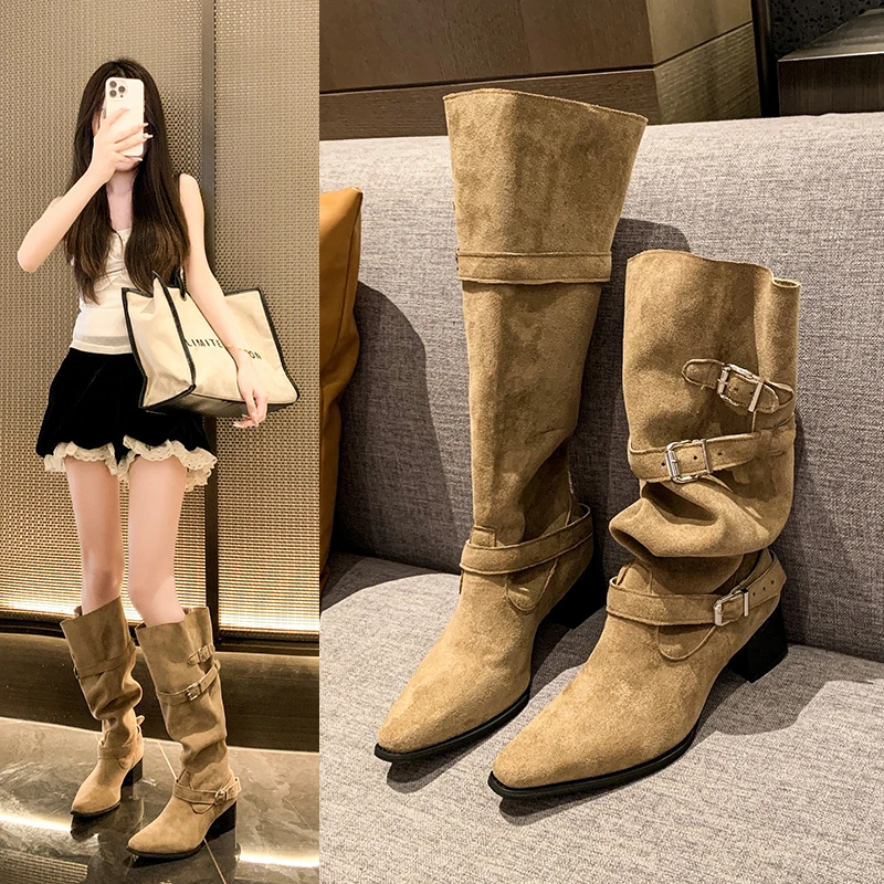 慕柏森~粗跟2025复古长筒靴女皮带扣褶皱堆堆靴高筒西部牛仔靴子