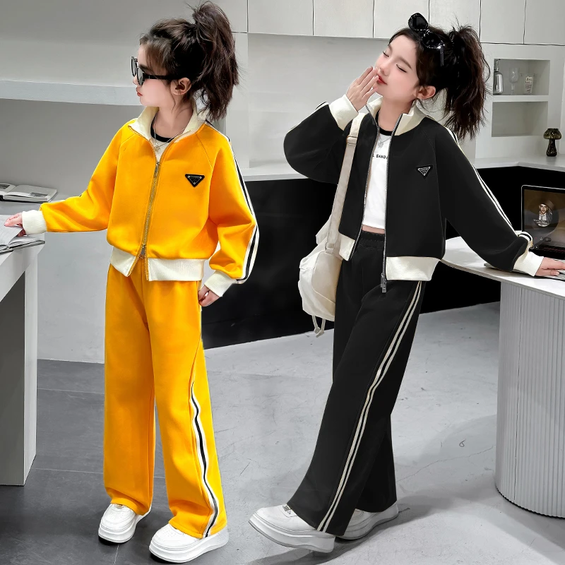 女童2025年秋季新款中大童洋气时尚休闲网红立领织带针织套装