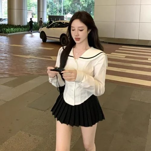 法式学院风海军领长袖衬衫秋季白色衬衣修身收腰下摆不规则上衣