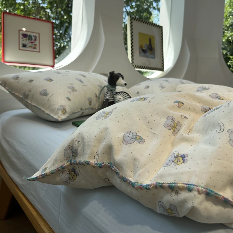 易安阁A类蓝色波点小象双层纱母婴级床上四件套1.5m1.8米全棉床单