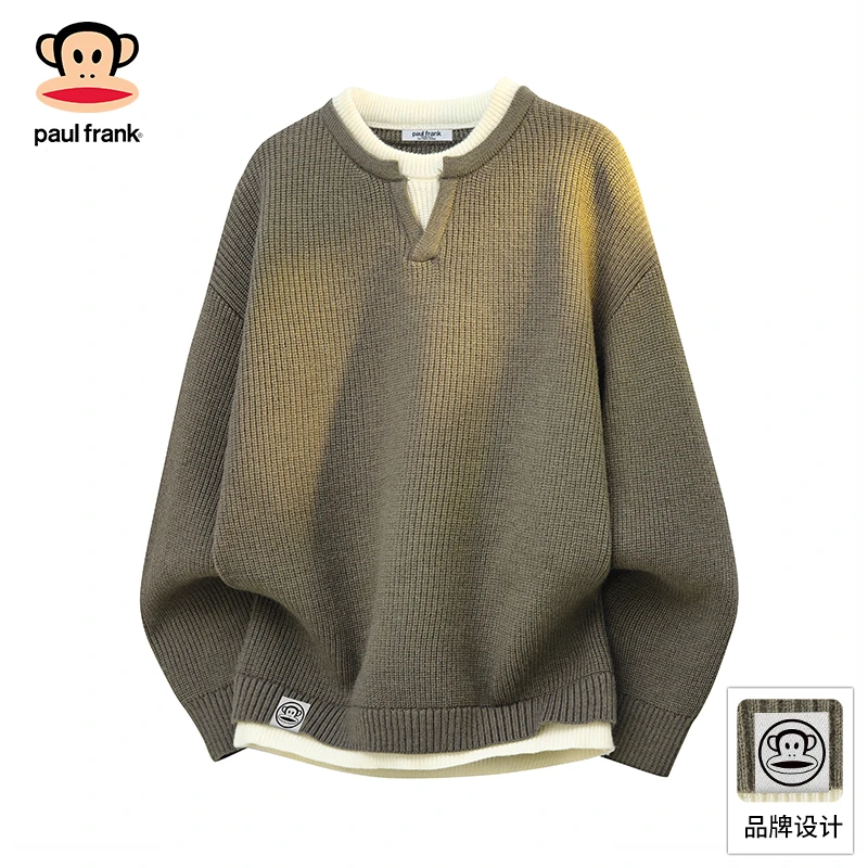 PaulFrank/大嘴猴复古休闲针织毛衣男2025秋季假两件保暖宽松上衣