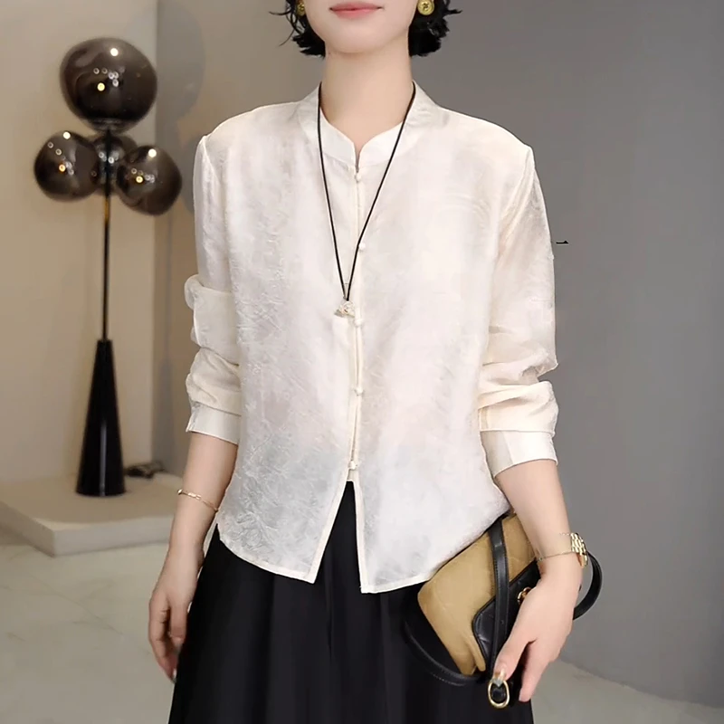 高级感新中式国风复古长袖衬衫女2025秋季新款设计感洋气立领衬衣