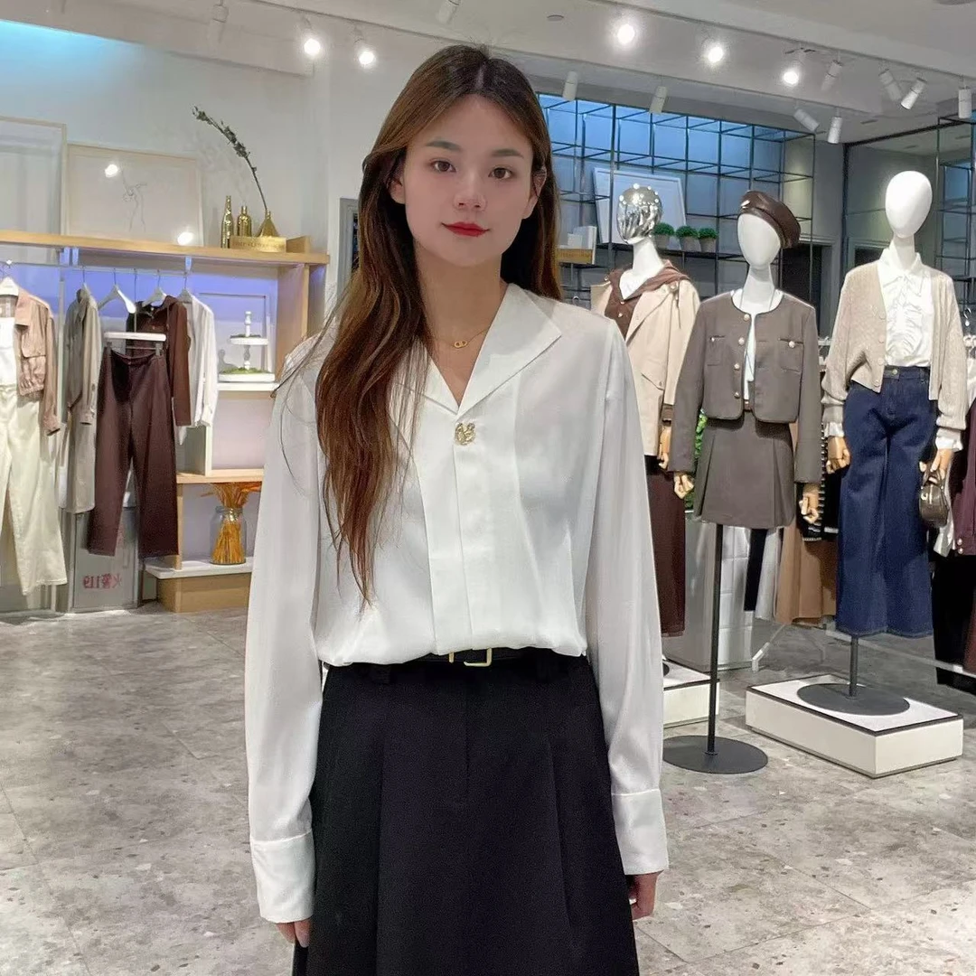 YJ M胸100长61长袖翻领太阳扣气质温柔通勤百搭衬衫上衣 1101