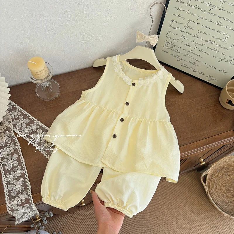 新款童装女童夏装套装女宝宝花边领无袖上衣儿童时尚洋气欧若风潮