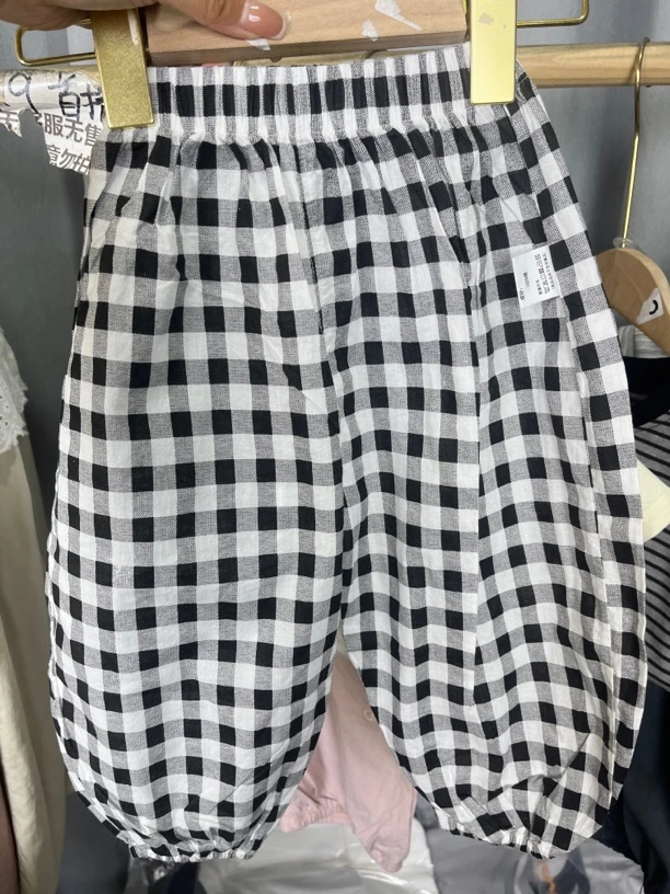 夏季薄款防蚊长裤男女小童格子休闲空调裤