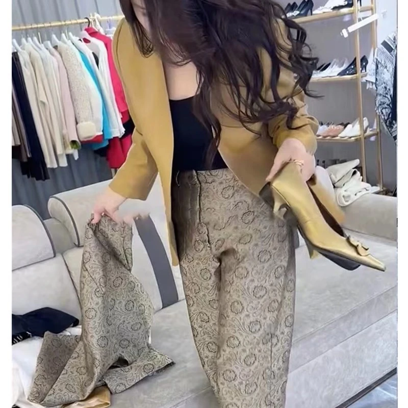 2024春夏新款高级感洋气西装外套印花阔腿裤时尚女