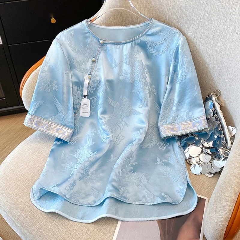 xsz959新中式提花斜襟短袖衬衫女2025夏季新款薄款洋气国风上衣