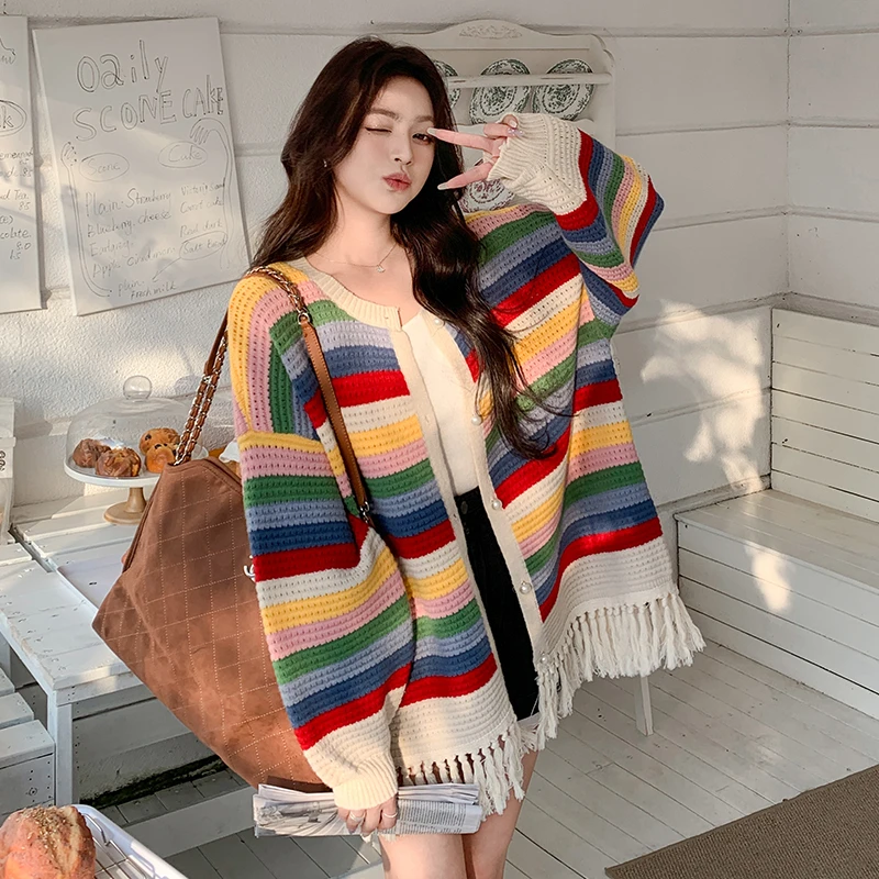 彩虹条纹毛针织衫韩系甜美开衫2025秋季新款流苏边宽松设计感外套