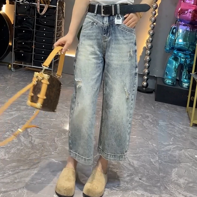 2025春夏新款奶奶裤女大码高腰九分牛仔裤胖妹妹显瘦小个子直筒裤