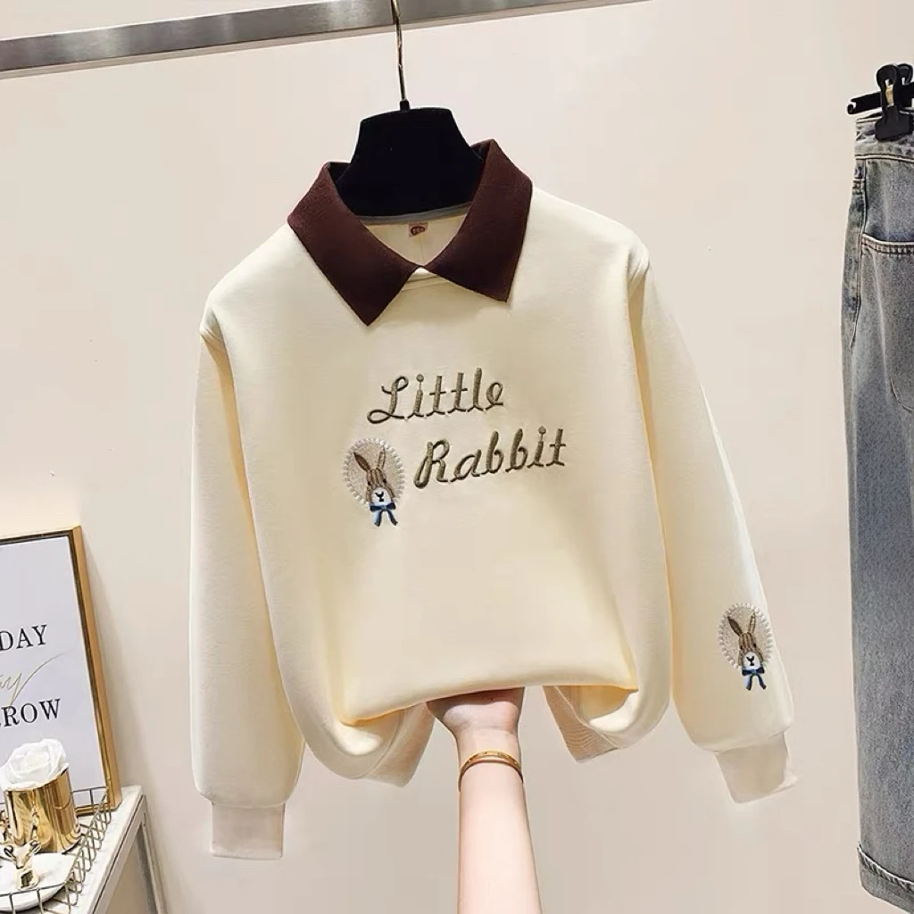 2025新款女童春秋休闲卫衣中大童POLO领卡通刺绣女孩秋冬加绒上衣