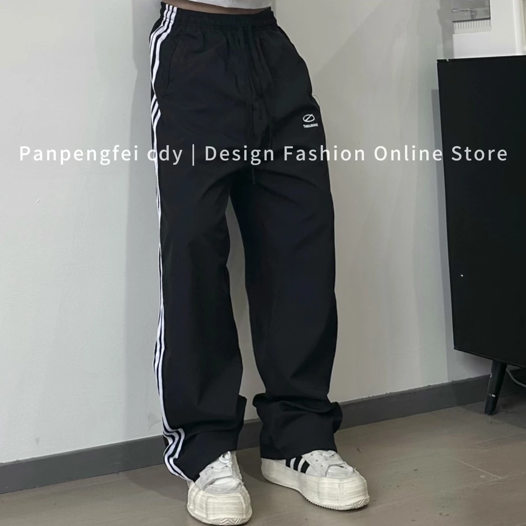 盘鹏飞 夏季宽松休闲裤学院风条纹长裤百搭黑色直筒裤运动休闲裤