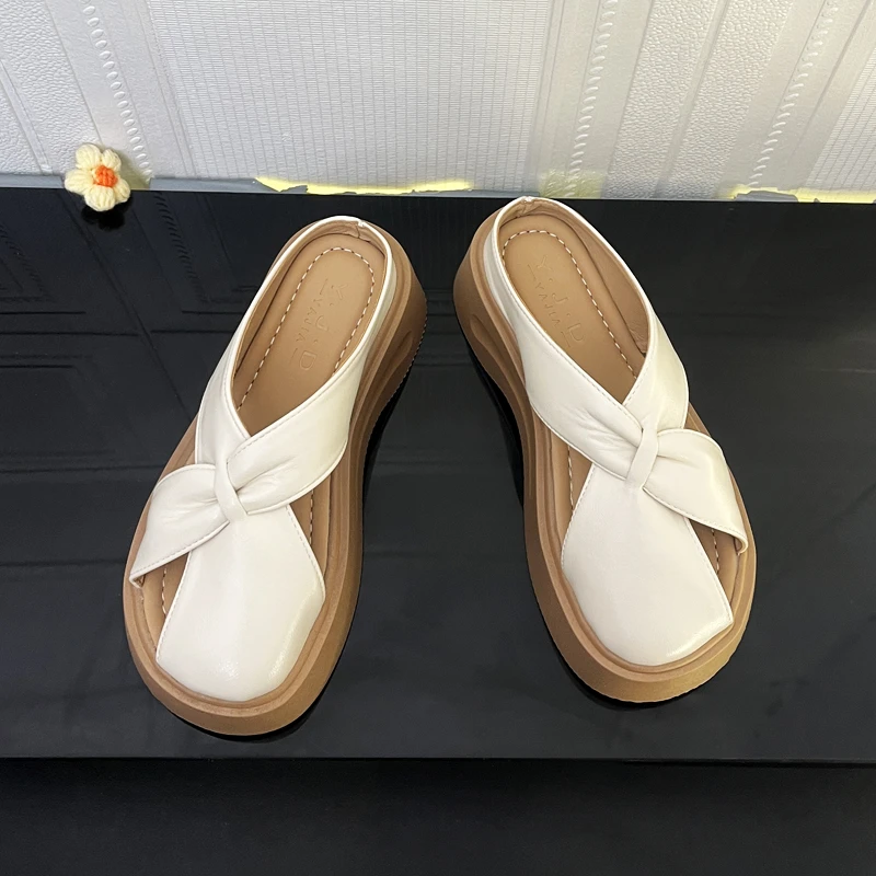 玛丽珍厚底包头半拖鞋外穿2025年夏季交叉拼接软皮凉拖鞋女外穿