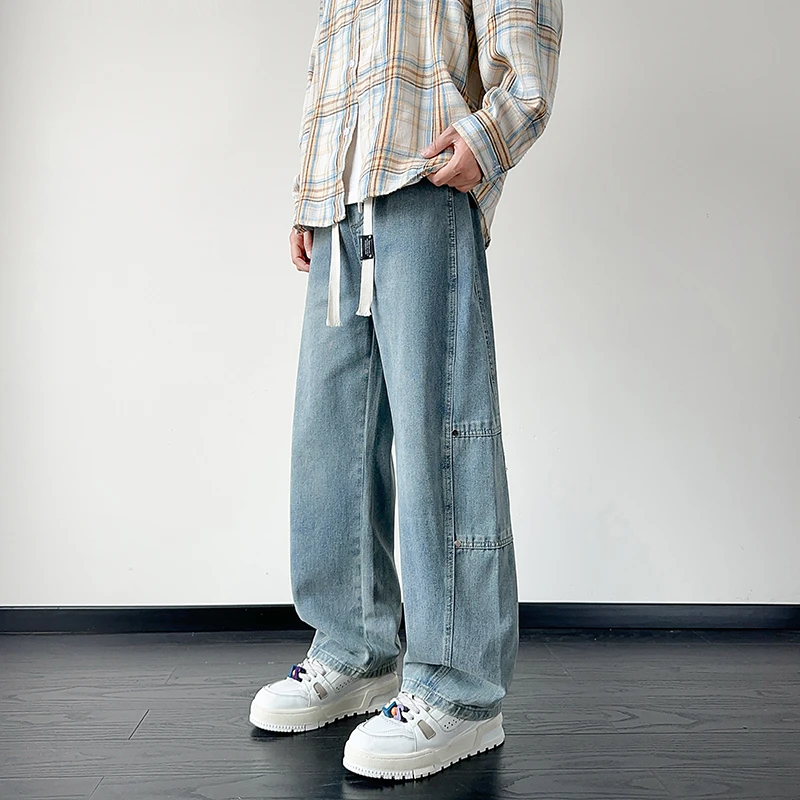 春季牛仔裤男士新款韩版宽松直筒运动长裤裤子青少年学生帅气松紧