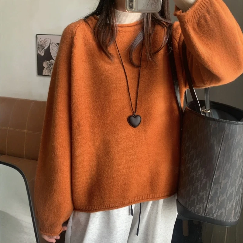 落日橘!秋冬新款高级感针织衫日系复古慵懒风圆领套头毛衣ins女