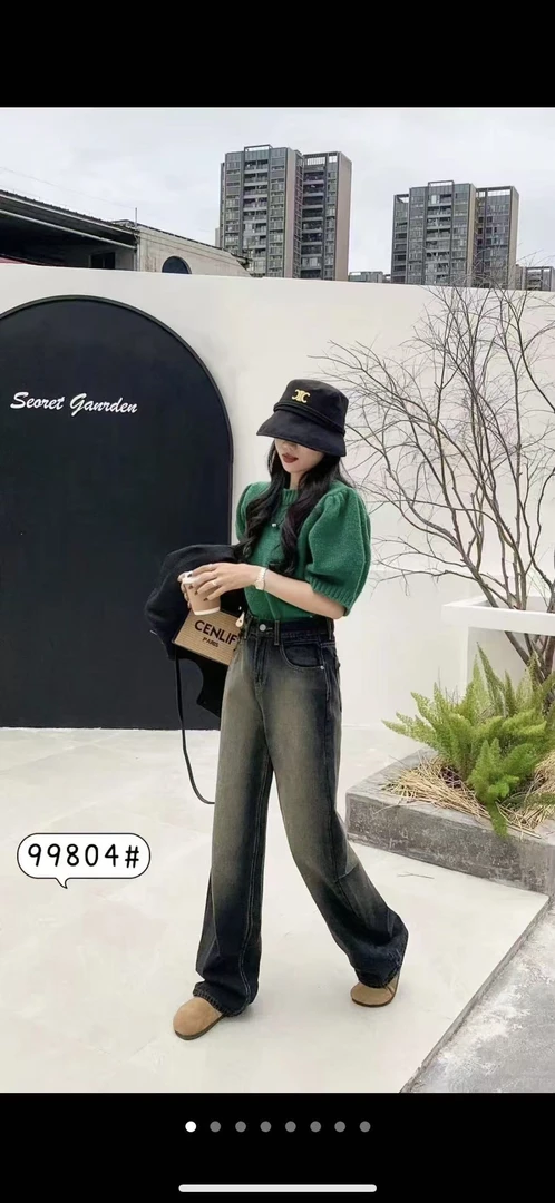 【慕妍专属】99804【裤长100左右】怀旧复古水泥灰直筒阔腿牛仔裤秋冬