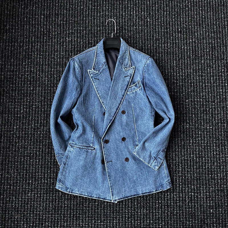 CssuGnet无结构那不勒斯双排扣牛仔西服男士商务休闲通勤复古西装