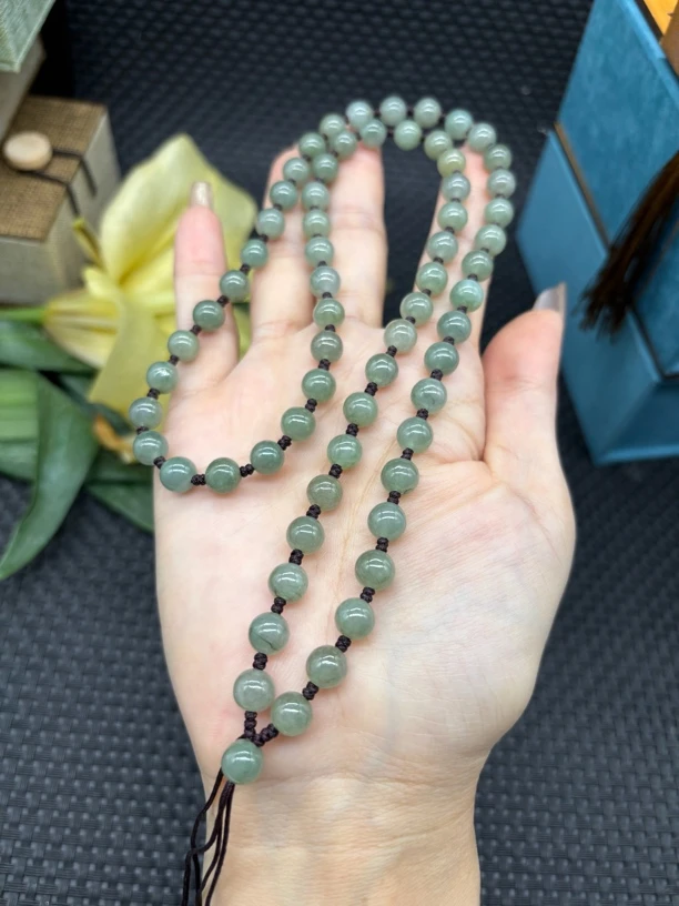福利款天然缅甸翡翠a货7mm圆珠老坑冰种油青色玉石挂坠绳毛衣链