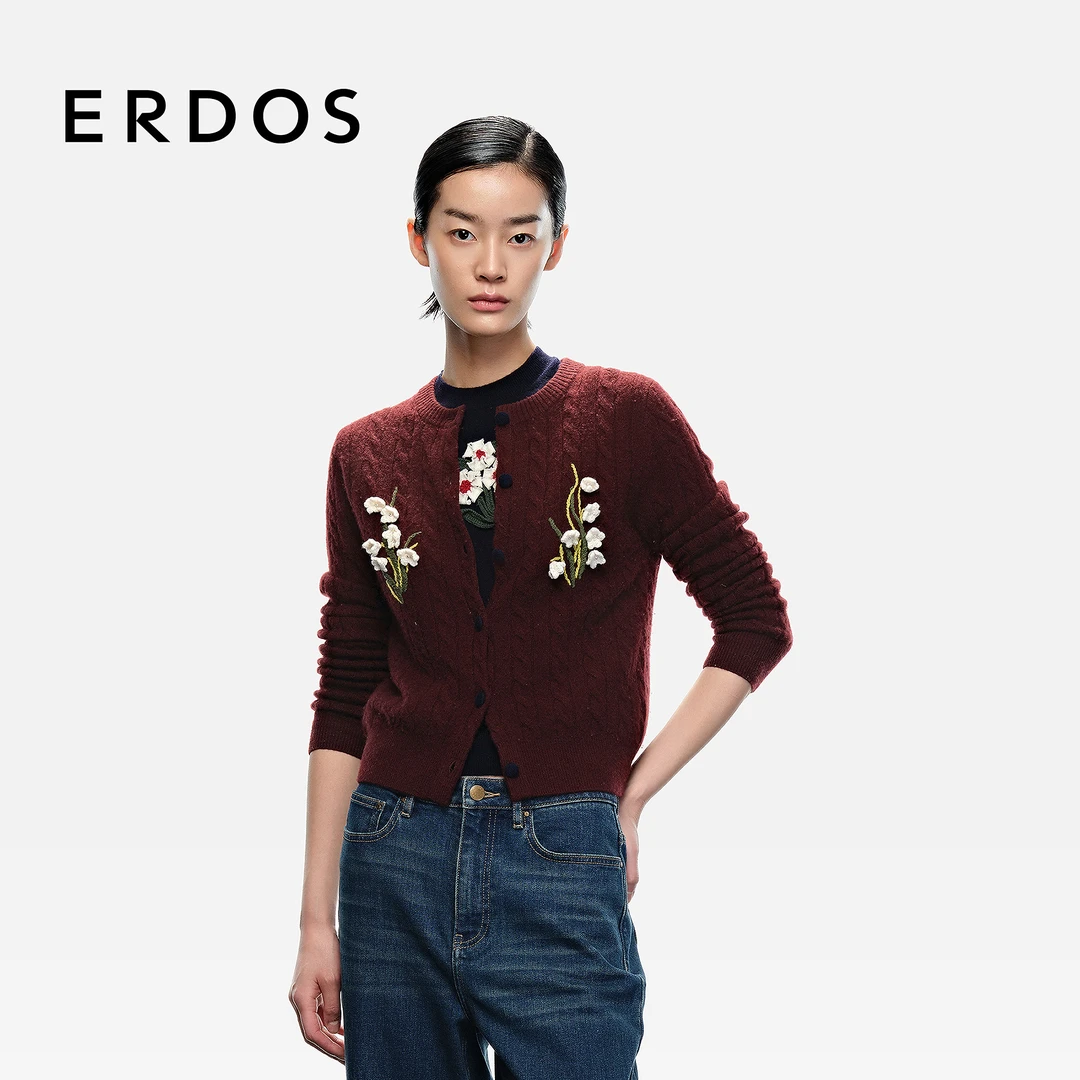 【羊绒立体花束】ERDOS 勃艮第酒红女针织开衫【铃兰花语】25早秋新品