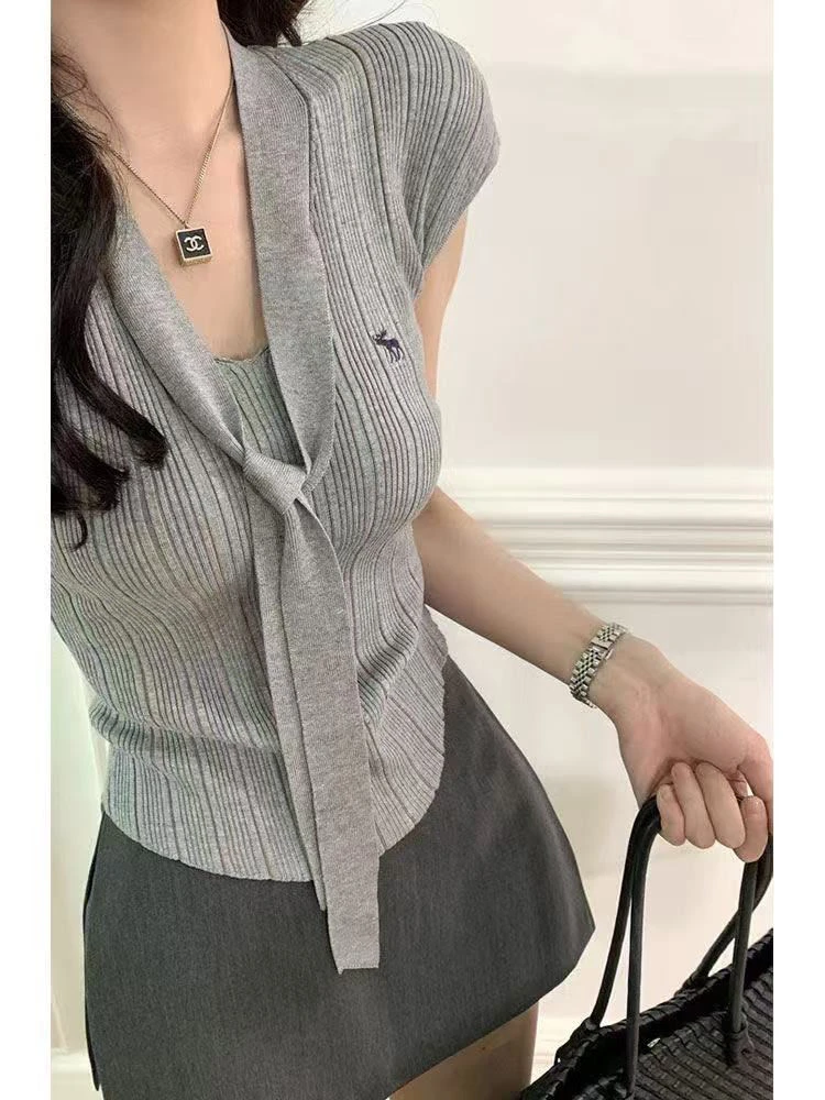 飘带刺绣针织衫短袖上衣女夏季新款高腰显瘦半身裙包臀短裙两件套