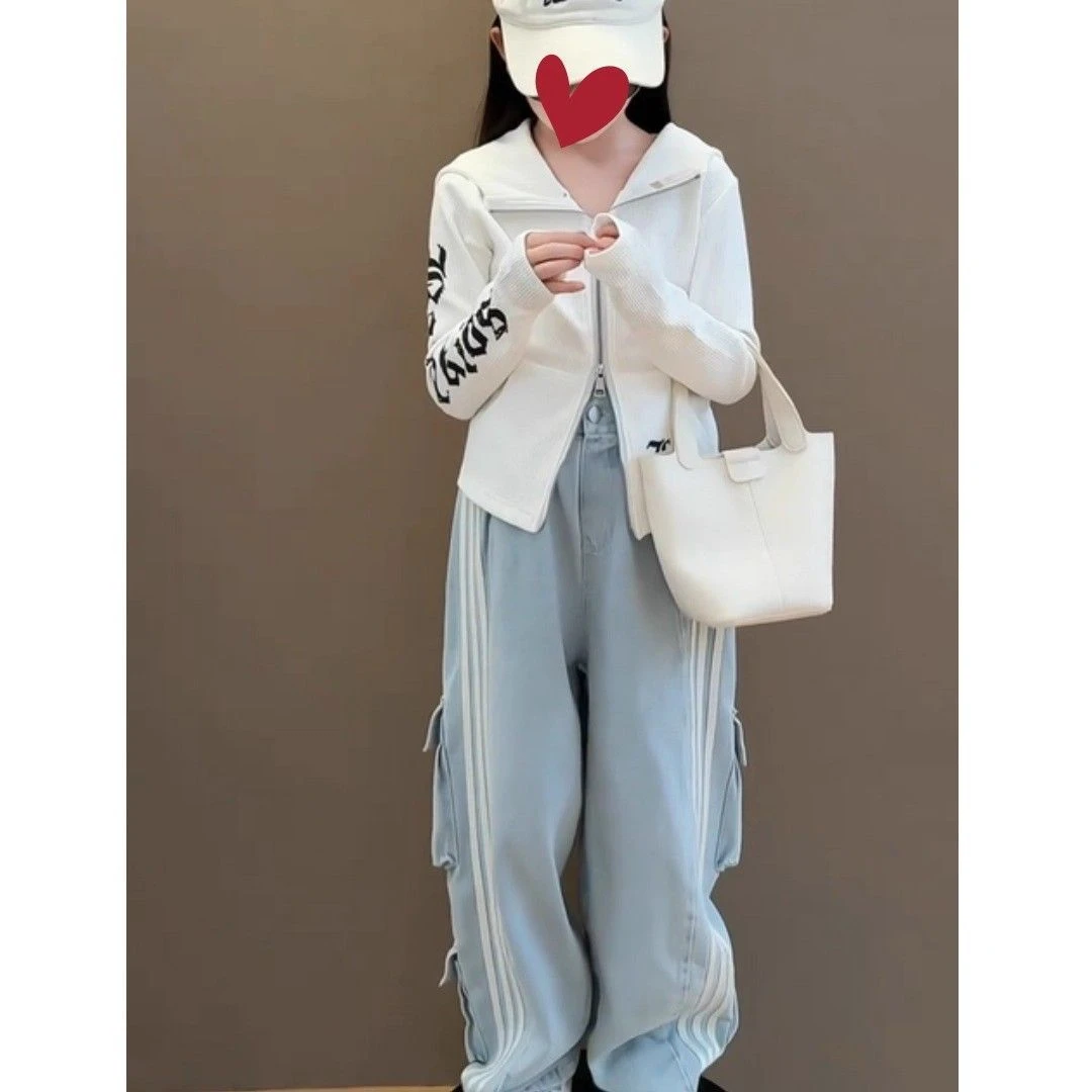 女童春秋2025新款韩版时尚牛仔直筒阔腿裤休闲上衣春秋装裤子套装