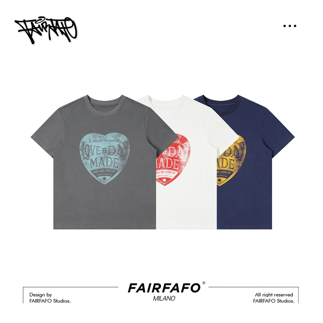 【复古英文爱心印花短袖】美式运动户外情侣夏季宽松TXCL55283