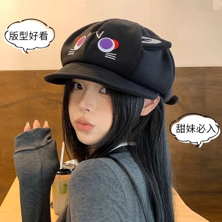 猫咪耳朵休闲八角帽新款2024甜妹女款报童帽显脸小贝雷帽