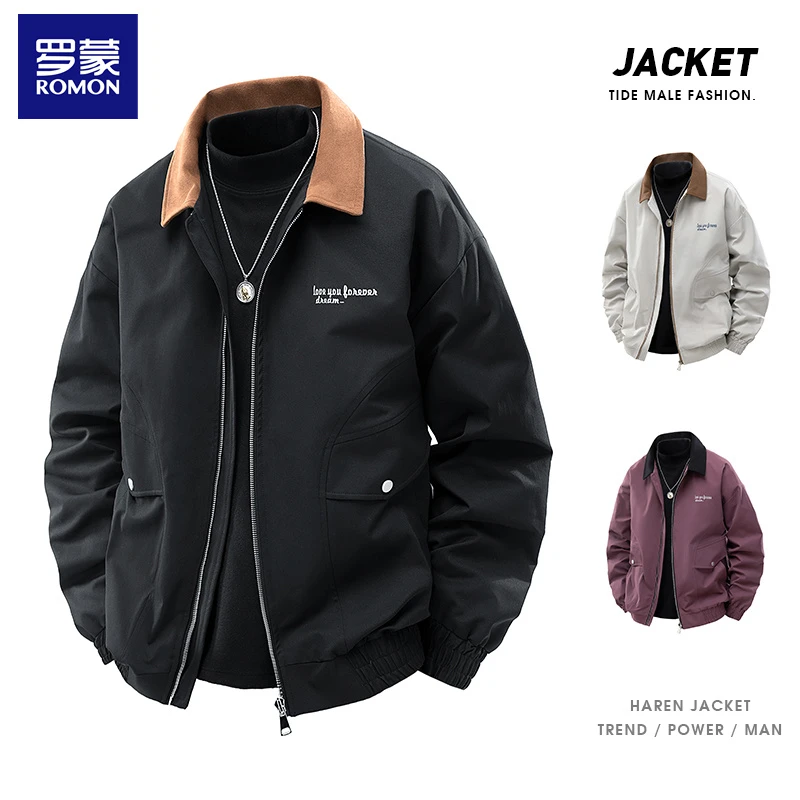 Romon/罗蒙高端夹克男春秋季新款休闲潮流撞色翻领外套痞帅上衣男