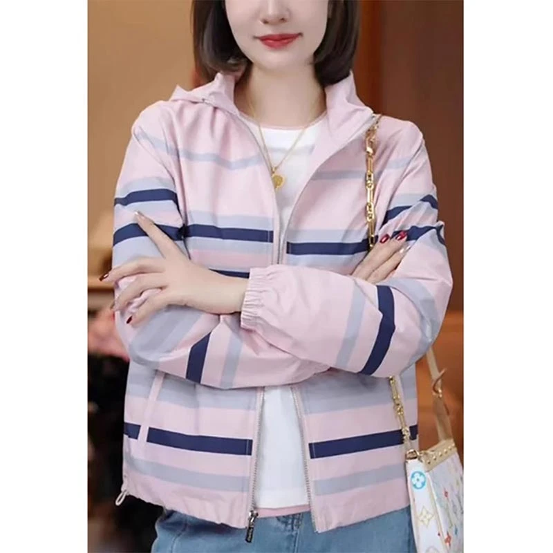 2025春秋欧式条纹撞色连帽外套女宽松简约设计感时尚短款百搭上衣