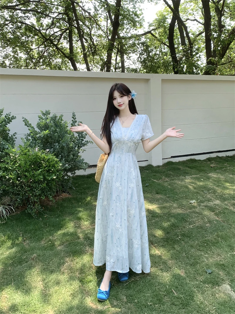 拉链短袖裹胸夏季V领大码连衣裙A字裙成人中长裙蕾丝拼接
