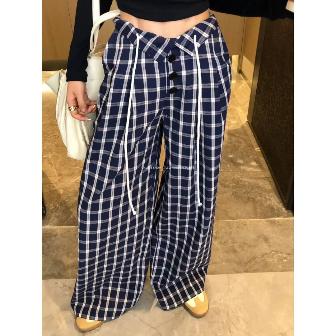 婉君【藏蓝格子裤】秋款时尚松紧腰阔腿休闲裤子LWJ24C3K1571