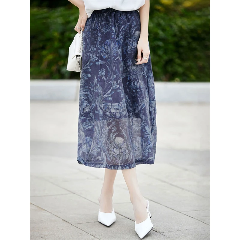 琉璃鸢尾花天丝亚麻a字印花半身裙女显瘦法式气质夏季轻薄花苞裙