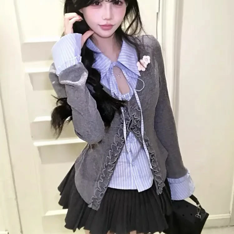 学院风气质假两件针织开衫女装2025春季新款超好看半裙辣妹一整套
