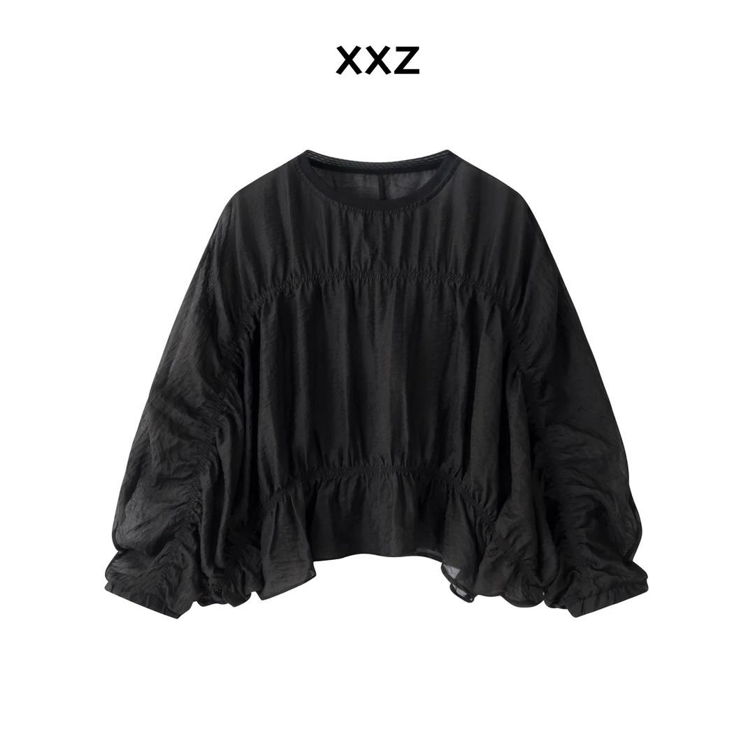 【XXZ】套头衬衫春夏新款时尚甜美大版褶皱圆领防晒罩衫衬衣女78378