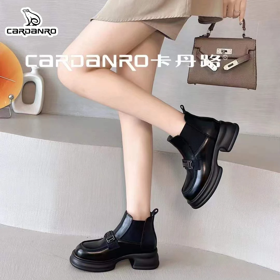 卡丹路【头层牛皮/4cm】女秋冬短筒圆头马丁靴粗跟女士厚底女靴时尚